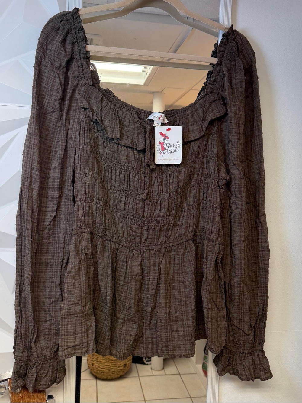 Perfectly Priscilla Cottagecore Smocked Peplum Blouse Brown Ruffle 3XL